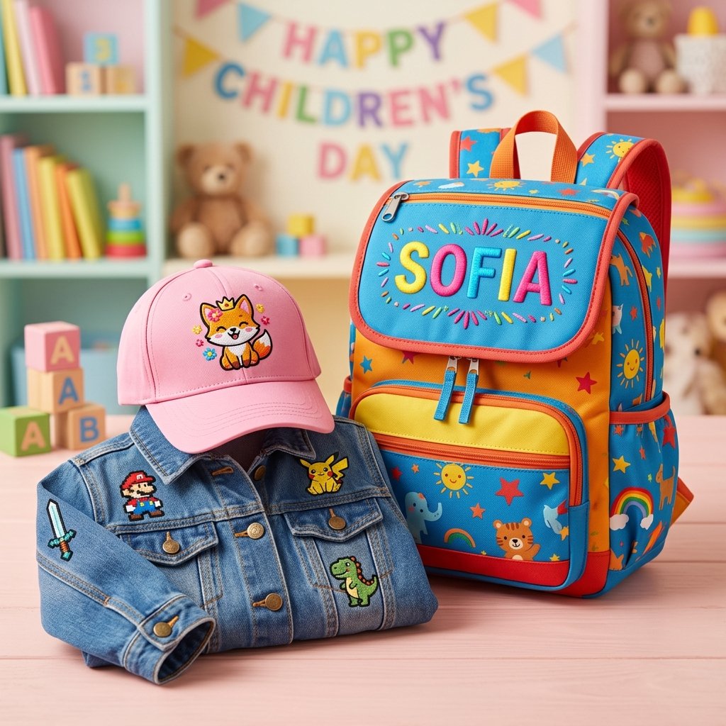 Regalos personalizados con bordado digital para el Día del Niño — mochilas, gorras y parches bordados