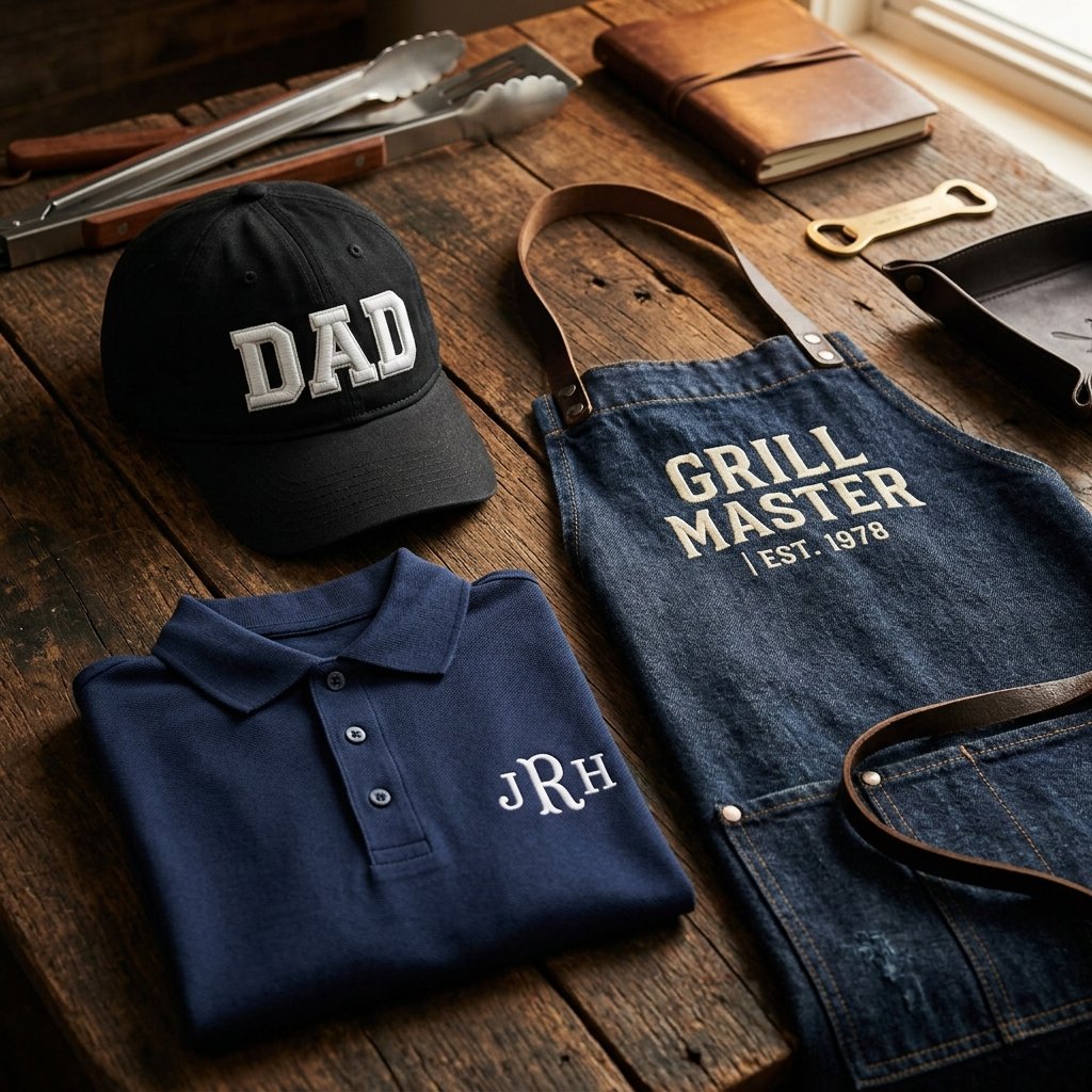 Regalos bordados para el Día del Padre — gorras 3D, polos con iniciales y mandiles de parrillero personalizados