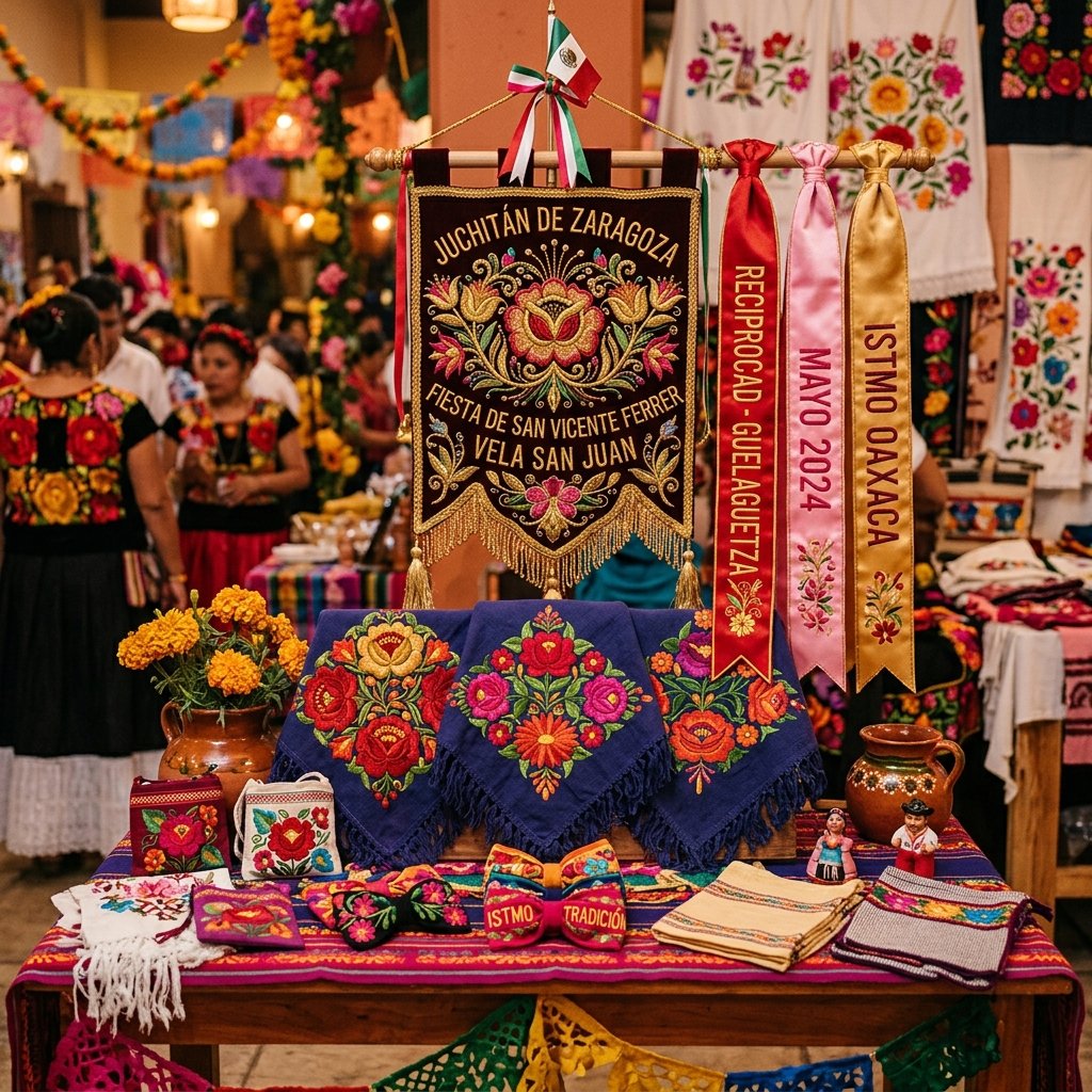 Recuerdos bordados para Velas istmeñas — servilletas, estandartes y listones con diseños zapotecas