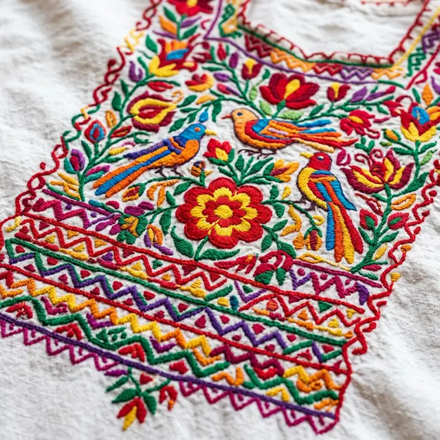 Blusa bordada tradicional de Juchitán con flores y motivos regionales del Istmo