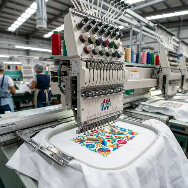 Máquina bordadora industrial en operación — taller Bortex Juchitán